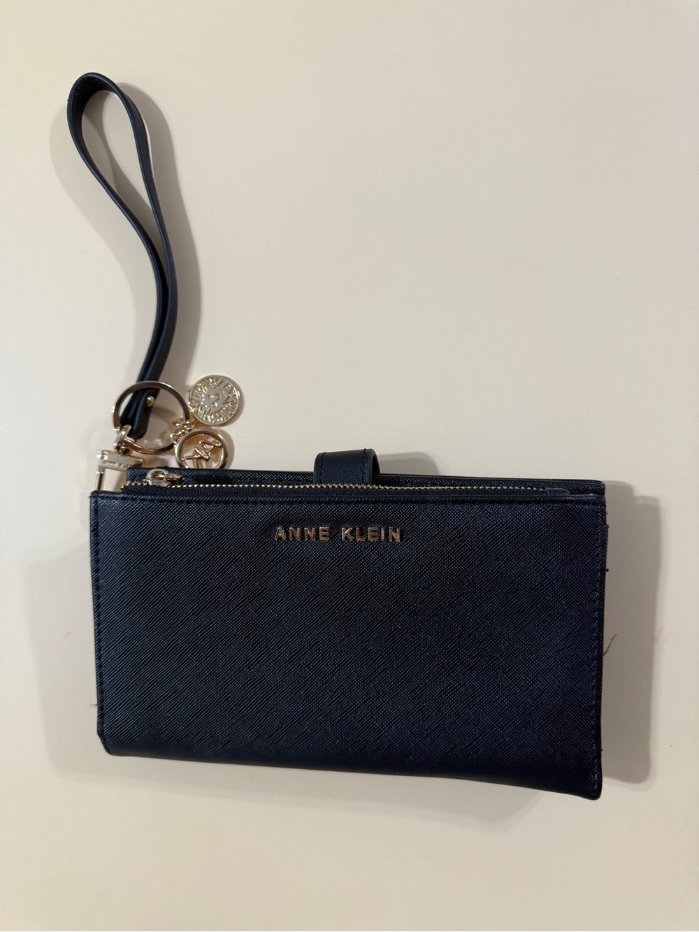 Anne Klein Black Saffiano Wristlet Clutch with Gold Accents